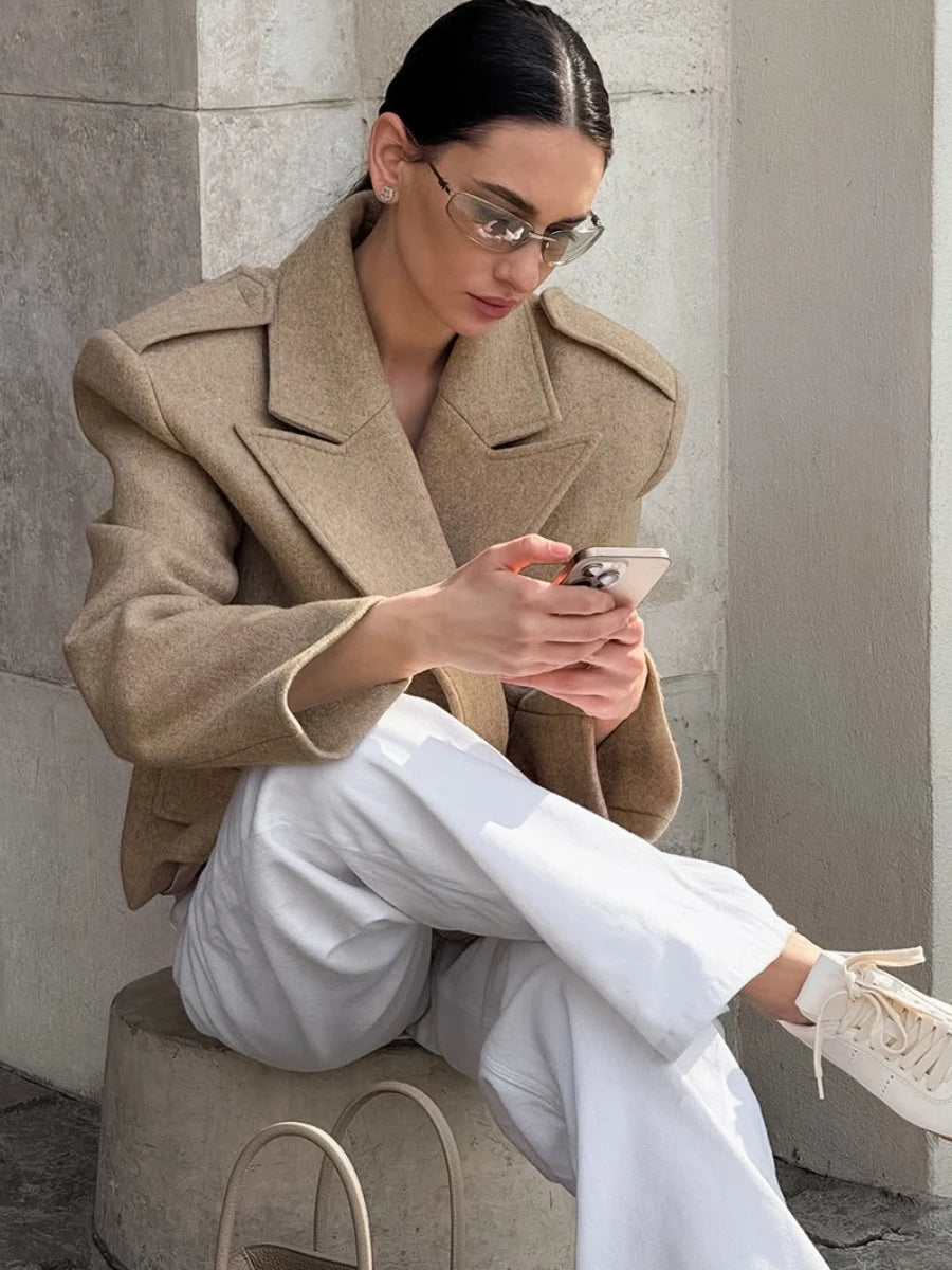 Cyflymder  Autumn Solid Wool Coats for Women Lapel Long Sleeve Temperament Fashionable Style Short Jacket Female Clothing New
