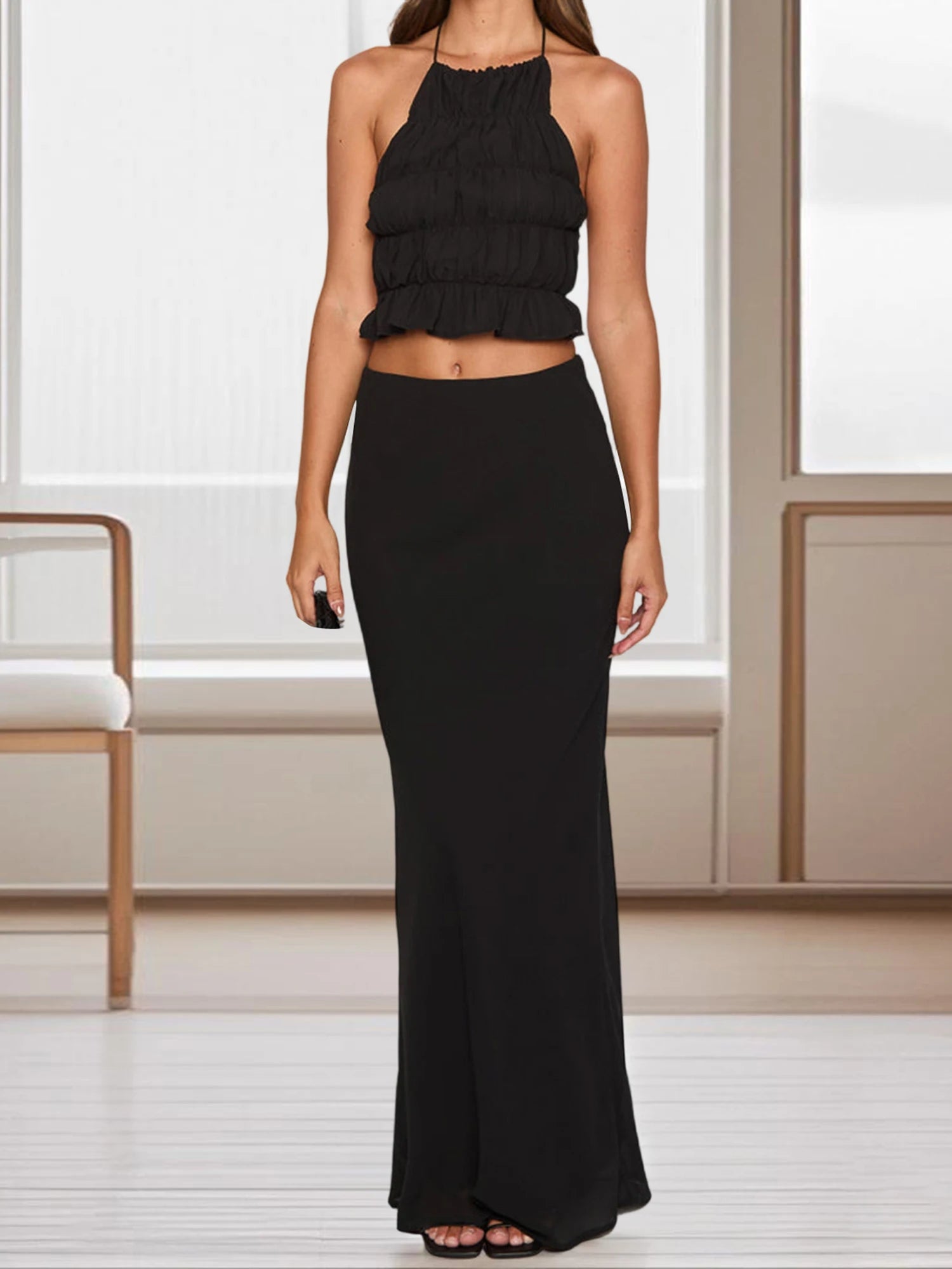 Cyflymder  Elegant Two Piece Skirt Sets for Women Stylish Smocked Halter Neck Crop Top with  Fit Long Skirt Ensemble in Solid Color