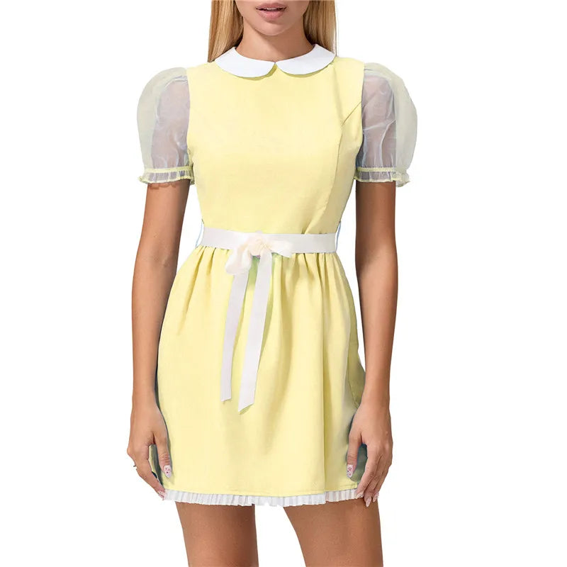 Cyflymder  Halloween Women Summer Mini Sweet Dress Short Sheer Mesh Sleeve Doll Collar Dress with Belt Y2K Vintage Festival Clothes