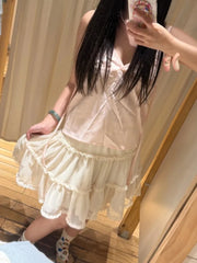 Cyflymder  Jacquard Mesh Polka Dot Knee Length Skirts Woman Elastic Waist Ruffles A-line Short Faldas Sweet Preppy Style Beige Skirt Y2K