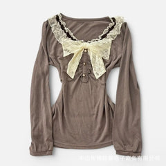Cyflymder  American Elegant Spliced Lace O Neck Bow Design Woemn T Shirts Y2k Aesthetic Vintage Spliced Pleated Clothes Harajuku Punk Tops