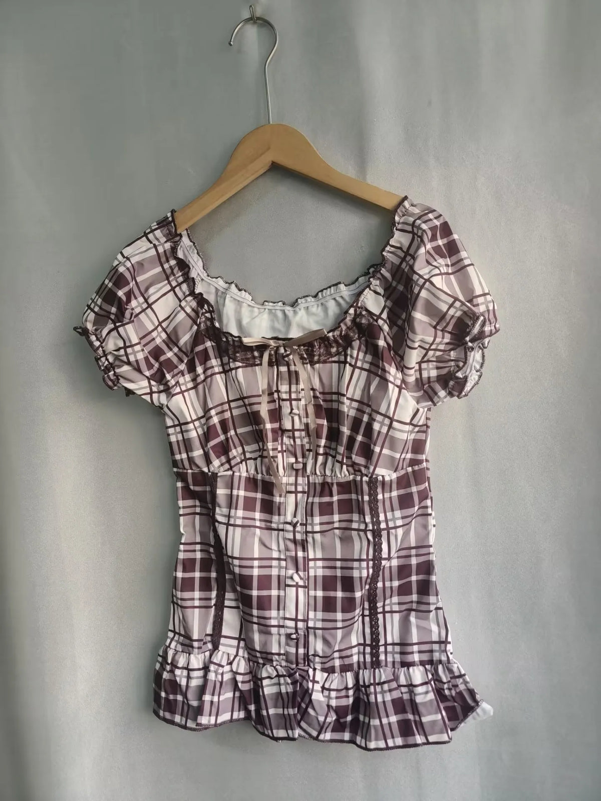 Cyflymder  Harajuku Literary O Neck Short Sleeve T Shirt Y2k Fashion Constrast Color Plaid Slim Thin Women Tops Single Breasted Punk Blouse