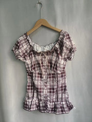 Cyflymder  Harajuku Literary O Neck Short Sleeve T Shirt Y2k Fashion Constrast Color Plaid Slim Thin Women Tops Single Breasted Punk Blouse