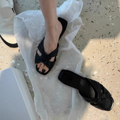 Cyflymder   Women's Flat Slide Sandals New Slippers Square Toe Soft Leather Slippers Shoes Women Summer Casual Outdoor Lady Slippers