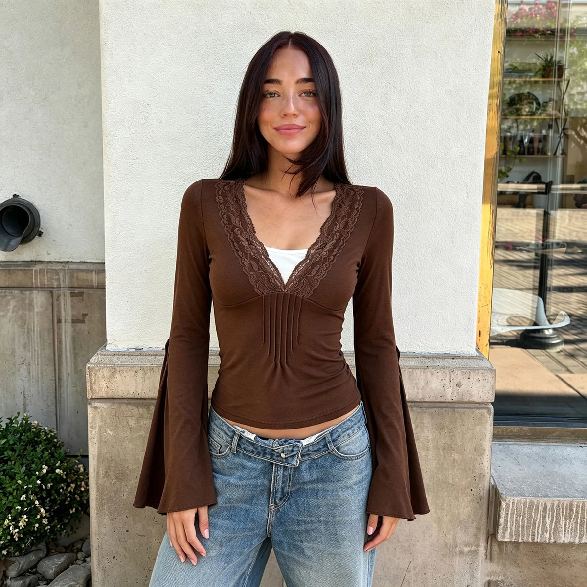 Cyflymder   Lace Trim Side Slit Bell Sleeve Top Solid Color V Neck Slim Ruched Base T-shirt Fashion Lady Streetwear Summer Casual Tee