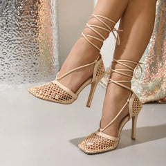 Cyflymder  Summer Sexy Mesh Pumps Sandals Female Square Toe High Heel Lace Up Cross-Tied Stiletto Hollow Dress Party Shoes 43