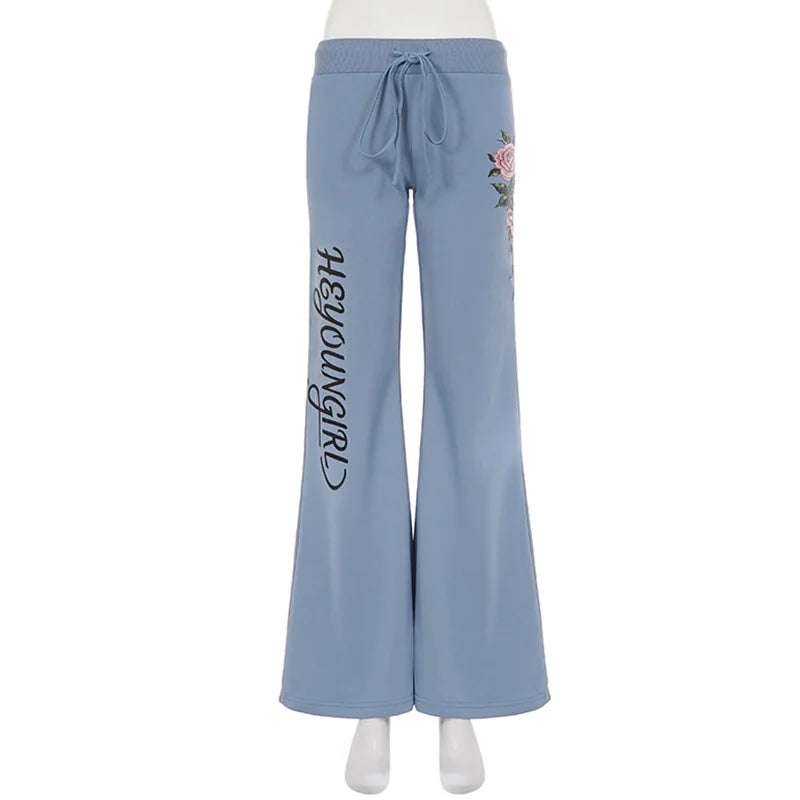 Cyflymder  Flower Letter Printed Drawstring Flared Pants Low Waist Loose Fit Fashion Long Pants Elegant Streetwear Casual Trousers