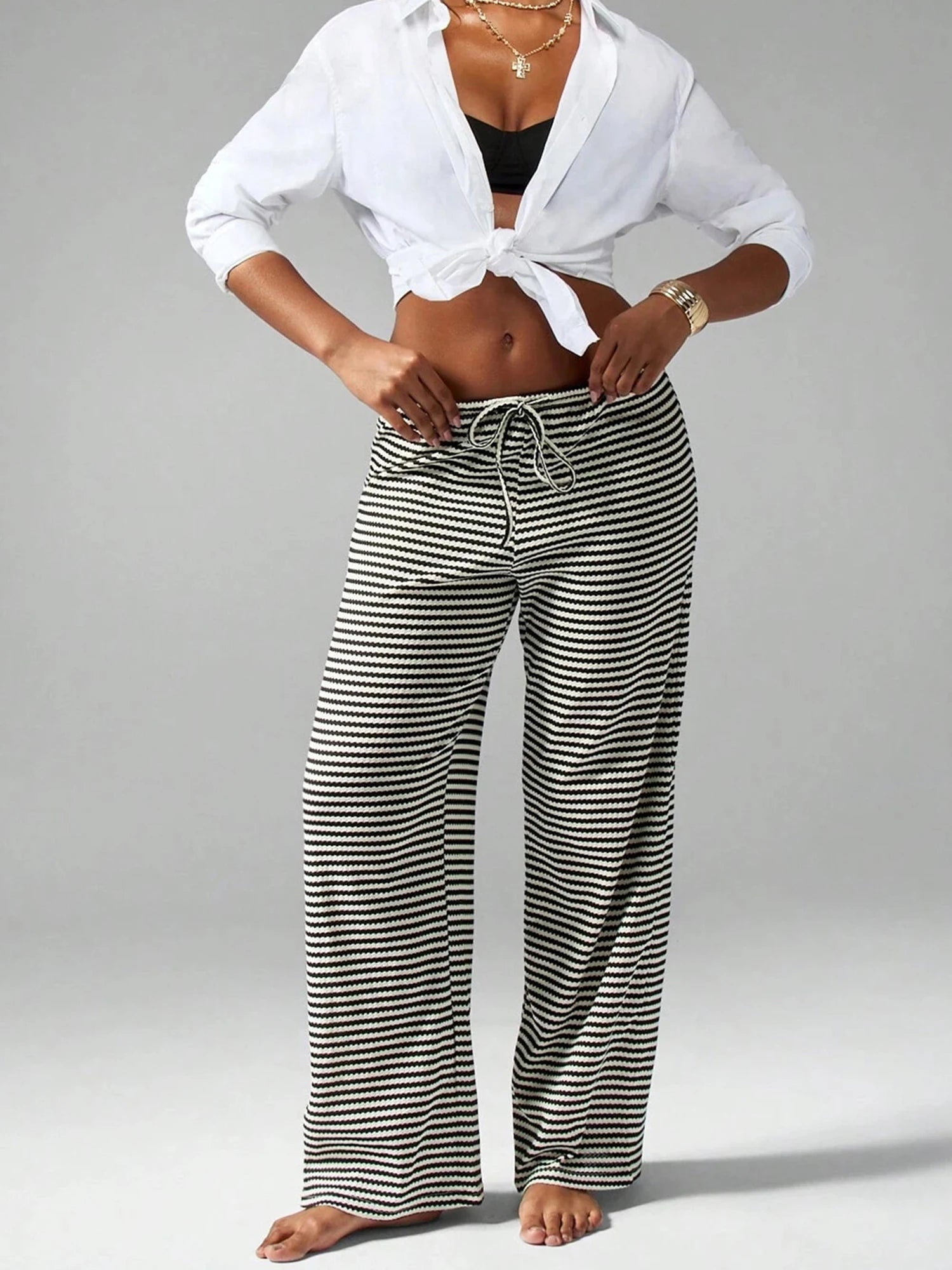Cyflymder  Stylish Women s Striped Trousers with Drawstring Waistband Loose Fit and Low Rise - Versatile Casual Pants for Any Occasion