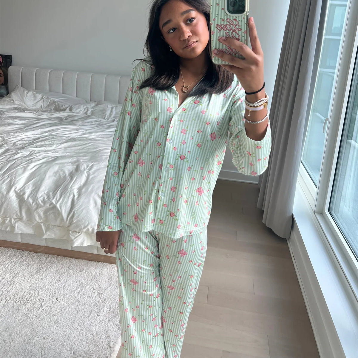 Cyflymder  Women Pajamas Cute 2 Piece Set Y2K Vintage Print Button Up Long Sleeve Blouse T-shirt Tops+Pants Home Loungewear Sleepwear