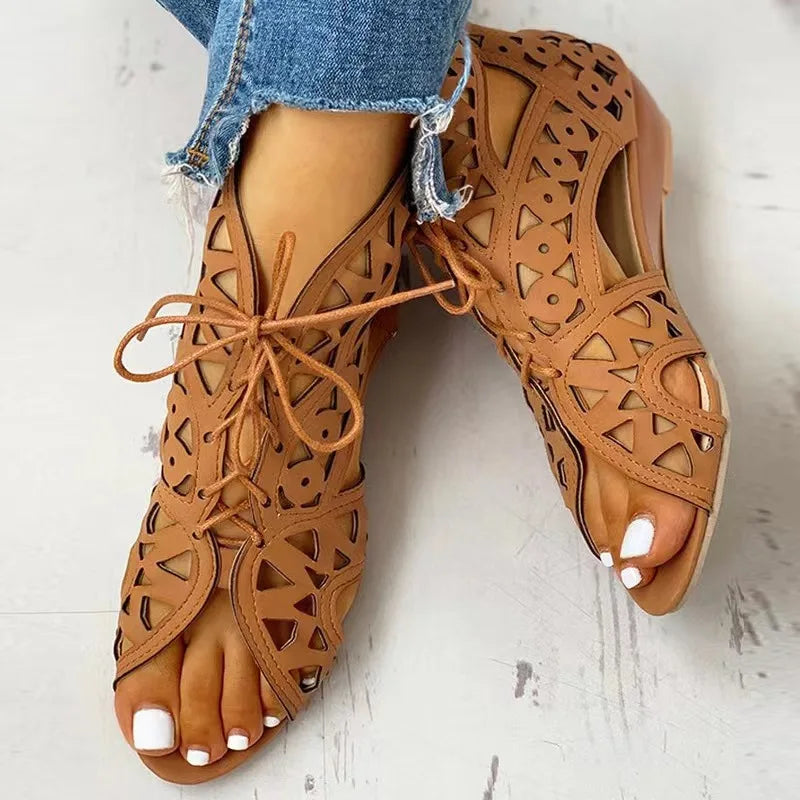 Cyflymder  Wedge Sandals for Women Summer Shoes Fashion Lace Up Low Heel Flat Ladies Sandals Large Size Casual Hollow Out Sandalias