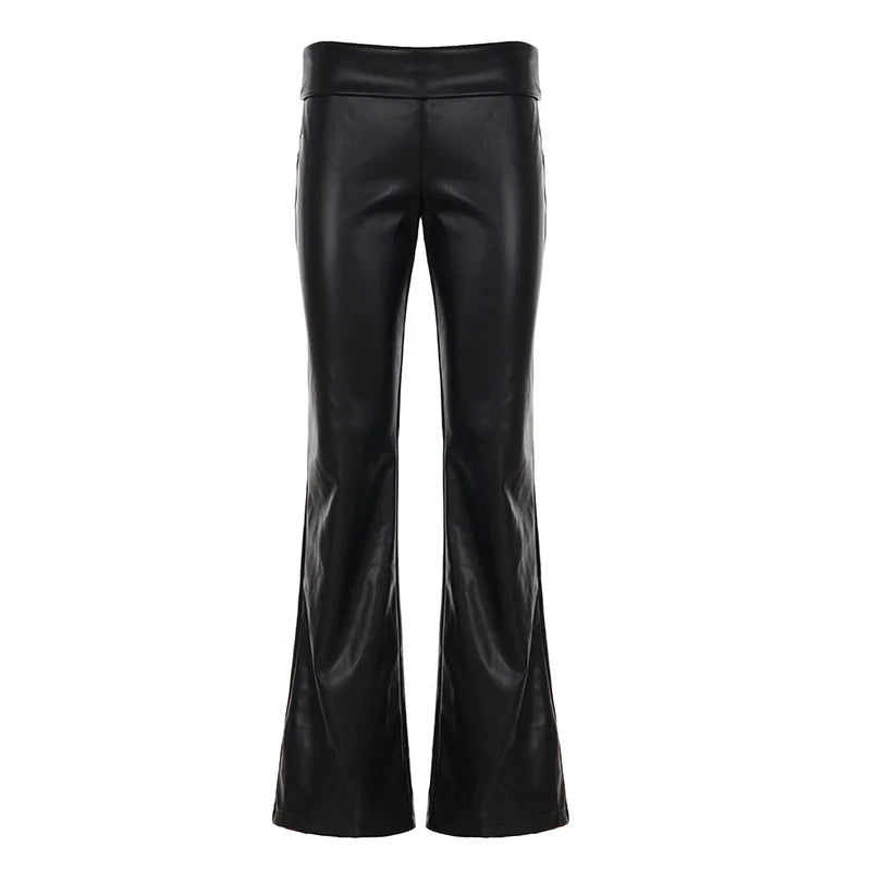 Cyflymder  Street Style Faux Leather Pants Women Fashion Black Folded Waist Slim Fit Basic Trousers Autumn Winter Long Flare Pants