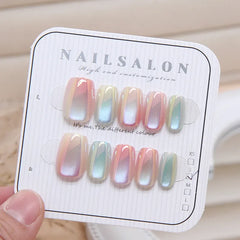 Cyflymder  10Pcs Candy Color Gradient Press Fake Nails Full Cover Cat Magnetic Design French Almond Fake Nails Wearable Manicure Nail Tips