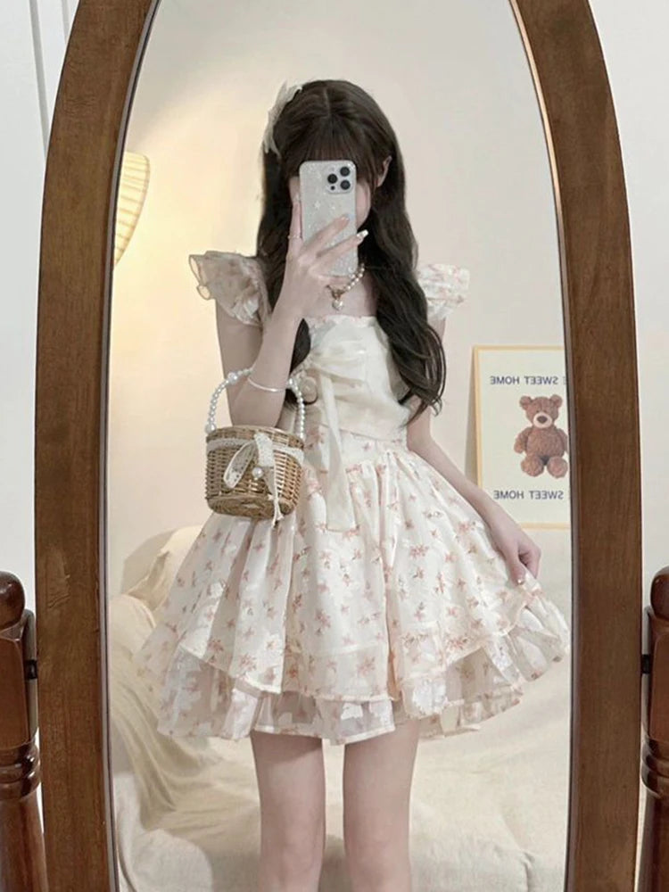 Cyflymder  Floral Sweet Cute Bow Dress Women Slim Vintage Flying Sleeve Mini Dress Summer Elegant Vintage French Sexy Lady Vestidos