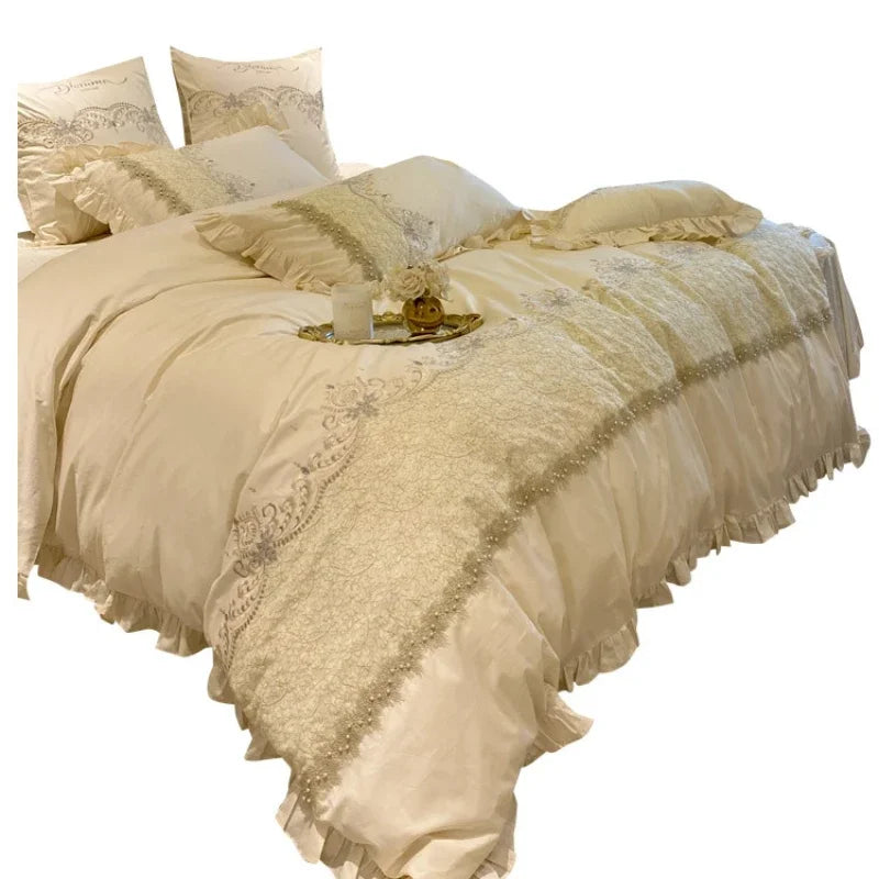 Cyflymder European-Style Luxury High-End 100 Cotton Four-Piece Set Exquisite Lace Embroidery Cotton Quilt Cover Bed Sheet Bedding