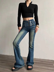 Cyflymder 90s Retro Black Blue Belt Flare Jeans for Women Distressed Bootcut Pants High Waist Slim Fit Bell Bottoms Y2k Trousers