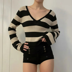 Cyflymder  Euramerican Elegant O Neck Long Sleeve Lazy Sweaters Y2k Constrast Color Stripeddesign Women Punk Pullover Harajuku Basic Jumper