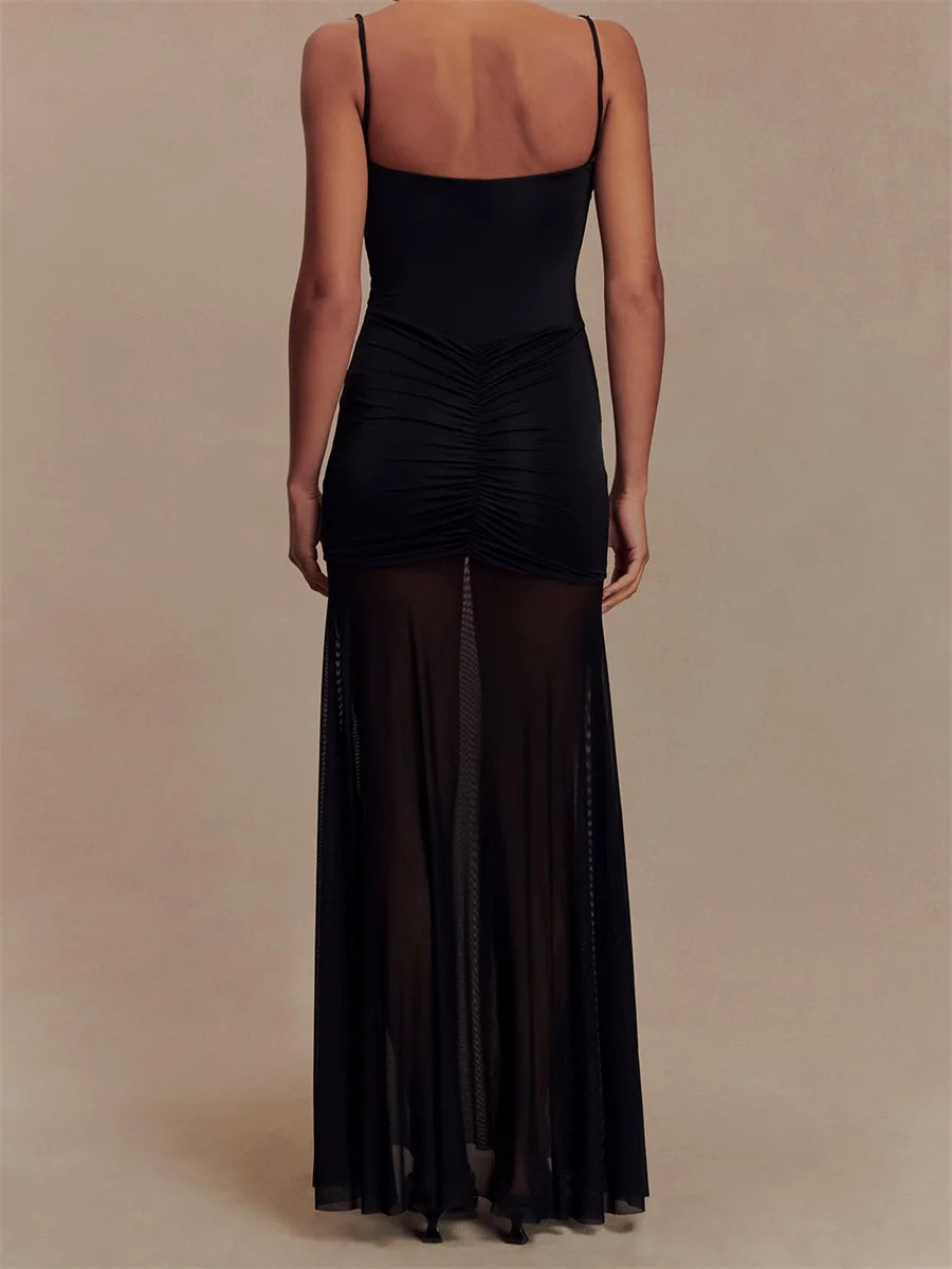 Cyflymder  Elegant Sleeveless Maxi Dress with Ruched Detailing and Cutout Front Spaghetti Strap Backless Design for Women