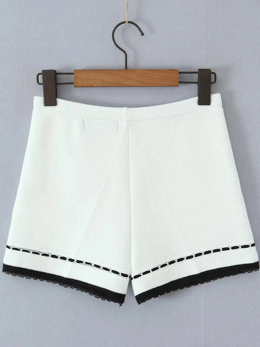 Cyflymder  Hit Color Knit Two Piece Set for Women O Neck Long Sleeve Spliced Buttons Top Low Waist Shorts Casual Suit Female