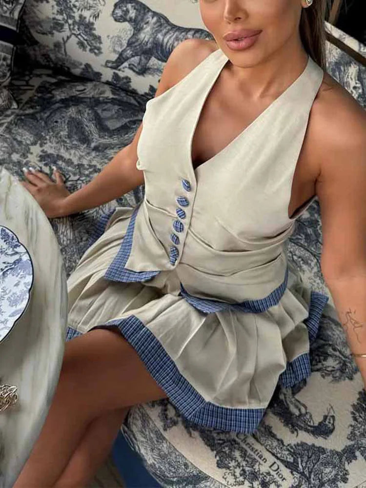Cyflymder  Halter Women's Two Piece Suit V-neck Sleeveless Single Breasted Top A-line Pleated Short Skirt Summer Lady Vacation Set