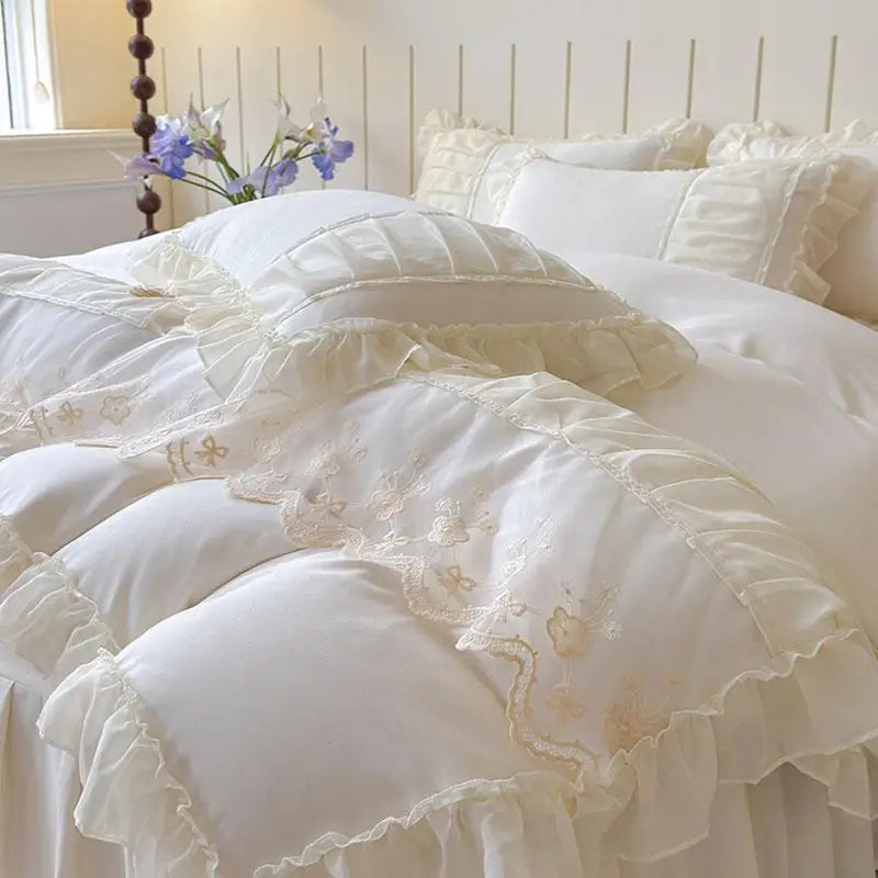 Cyflymder  Luxury Solid Color Bed Skirt Bedding Sets with Lace Silky Breathable Bedclothes for Home All Seasons Single Double Bedspread Kit