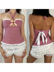 Cyflymder  Plaid Print Sleeveless Corset Halter Top with Cutout Detail and Backless Design Perfect for Streetwear and Grunge Fashionistas