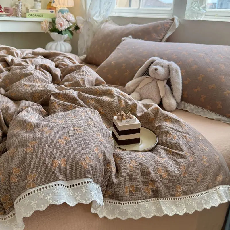 Cyflymder  Korean Style Girly Heart Floral Double Layer Gauze Four-Piece Set Princess Style Lace Trim Quilt Cover Bed Sheet Dormitory