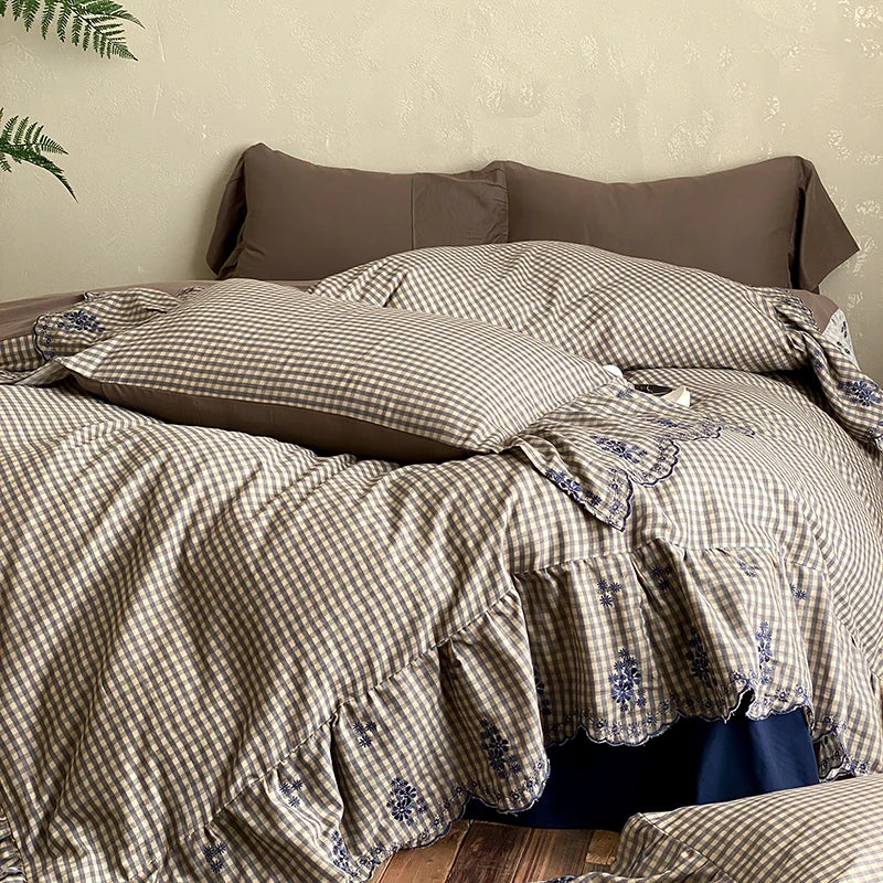 Cyflymder  Flowers Embroidery Ruffles Plaid Bedding Set Double Layer Crepe Yarn Pure Cotton Duvet Cover Flat/Fitted Bed Sheet Pillowcases