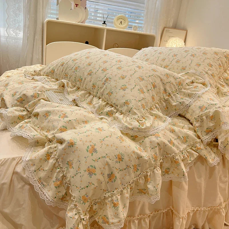 Cyflymder  100% Cotton Vintage Countryside Rose Floral Lace Ruffles Duvet Cover Set Bed Skirt Or Bed Sheet Pillowcases Girls Bedding Set