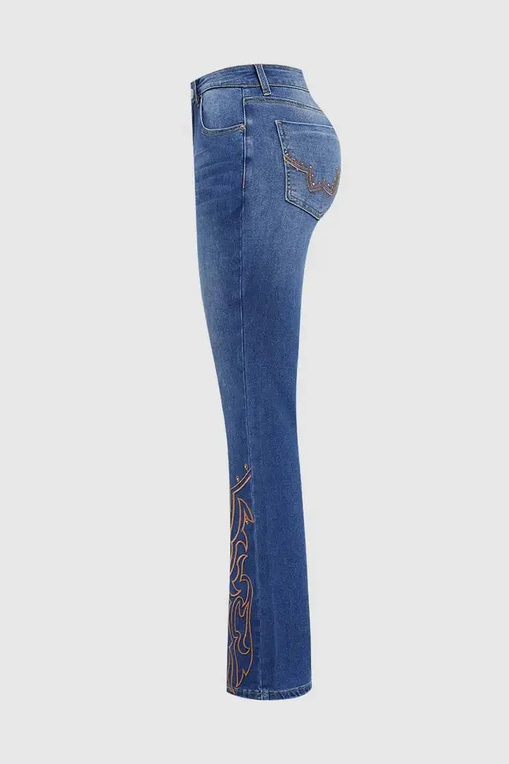 Cyflymder  Elegant Country Wear| Distressed High Waisted Flared Cowgirl Outfit -Printing with Golden Studs, Casual Vintage Jeans   T46
