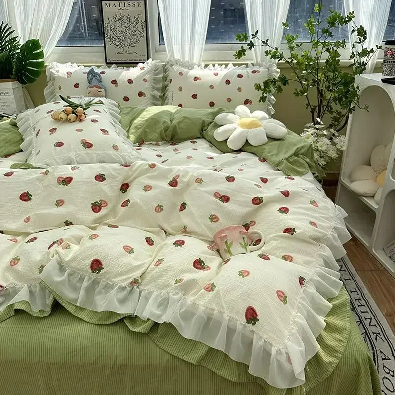 Cyflymder  Romantic French Flowers Lace Ruffles Bedding Set Washed Cotton Duvet Cover Bed Flat Sheet Pillowcases Girls Couple Bed Linens