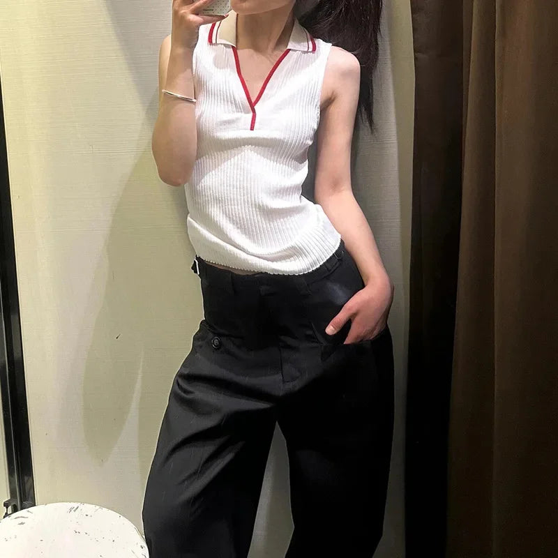 Cyflymder  French American Retro Knitted Sleeveless Neck Hanging Vest Women Summer New Color Collision Outerwear Top Polyester Blend