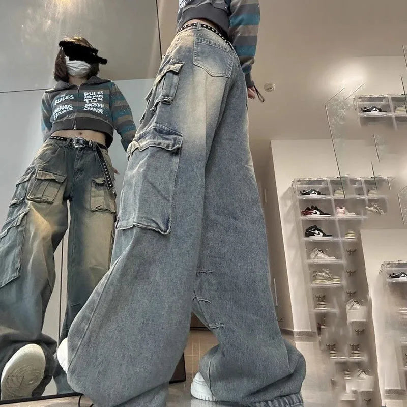 Cyflymder  New Blue Baggy Cargo Jeans Women Harajuku Y2K 90S Retro High Waist Denim Trousers Hip Hop Pockets Wide Leg Cowboy Pants