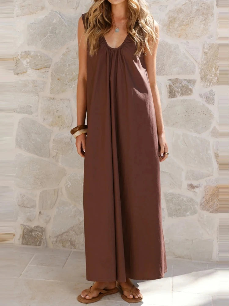 Cyflymder  Women Sexy V-neck Sleeveless Hollow Robe Dress Elegant Hight Waist Solid Color Vest Dress Fashion Draped Loose Long Party Dress