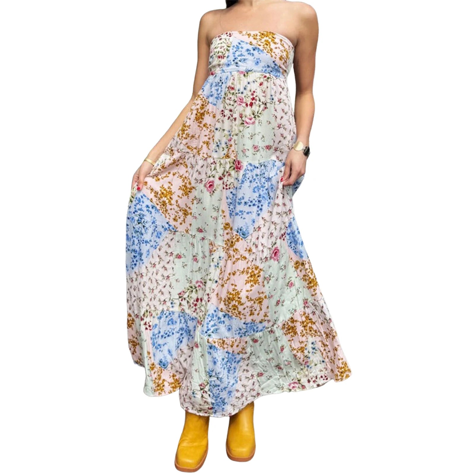 Cyflymder  Elegant Off-Shoulder Maxi Dress with Boho Floral Print and Lace-Up Back Detail for Summer Wedding Party or Vacation Beachwear