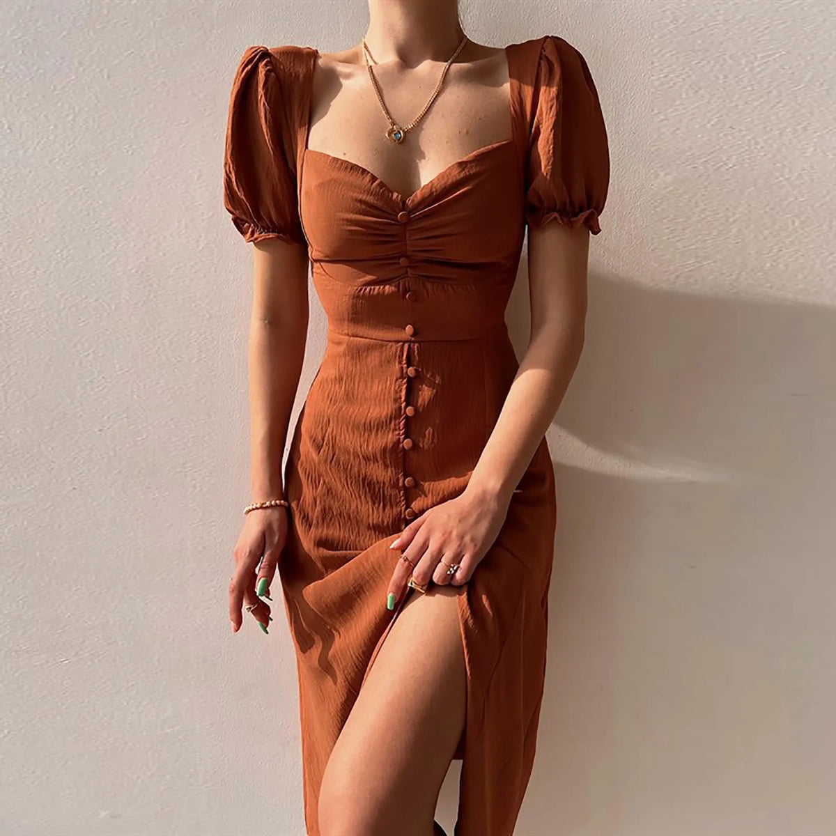 Cyflymder  Women Elegant Bodycon A-Line Long Dress Button Down Square Neck Short Sleeve Sexy Dresses Pleated Front Split Party Dress