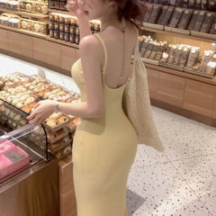 Cyflymder  Aura Elegant Slim Bag Hip Slip Long Dress Female Clothing Solid Color Summer Hotsweet Bow Fashion Backless Waist Basic Dresses
