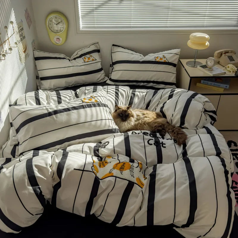 Cyflymder  new student cartoon washed cotton towel embroidered three or four-piece set bed sheet quilt cover mattress bedding