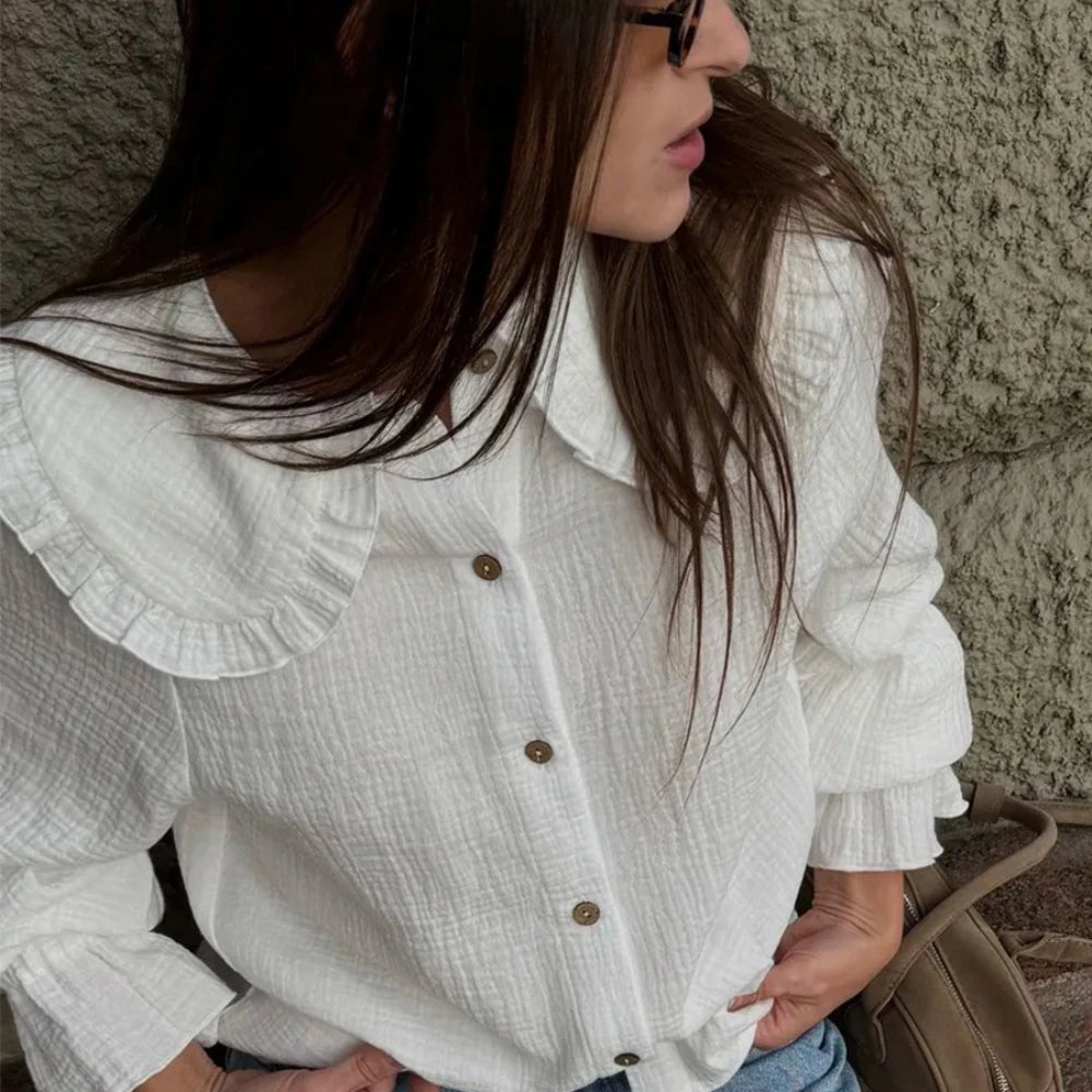 Cyflymder  Cotton Spliced Ruffled White Shirts for Women Peter Pan Collar Lantern Sleeve Patchwork Buttons Shirt Autumn Style