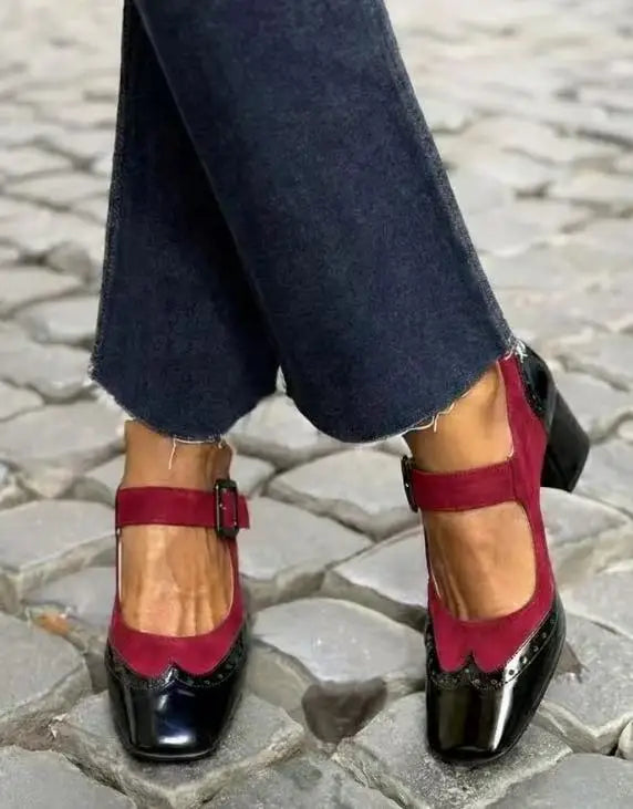 Cyflymder  New Women's Red Black Mary Janes Shoes High Quality Leather High Heel Dress Shoes Square Toe Shallow Buckle Strap Women's Shoes