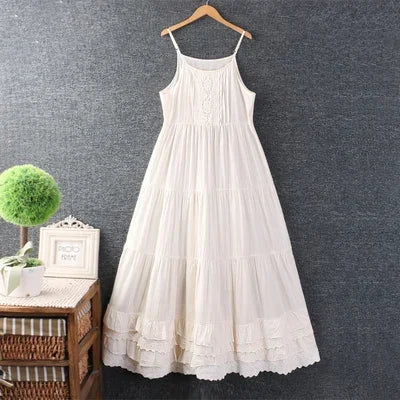 Cyflymder Summer Japan Style Mori Girl Sweet Hollow Out Embroidery White Dress Women Spaghetti Strap Robe White Black Midi Cotton Dresses