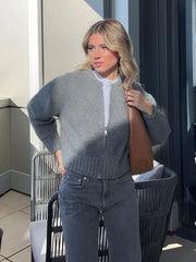 Cyflymder   Fashion Round Neck Zipper Bomber Sweater Women Elegant Autumn Long Sleeve Knitted Cardigan Jacket Female Chic Street Tops
