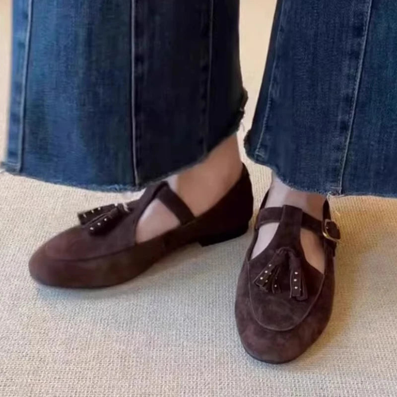 Cyflymder  Fashion Tassel T Strap Design Retro Mary Jane Shoes Comfort Round Toe Buckle Flats Shoes for Ladies Lightweight Walking Loafers