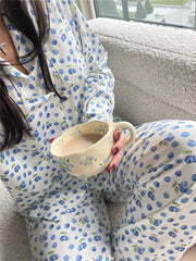 Cyflymder  Women Pajamas Cute 2 Piece Set Y2K Vintage Print Button Up Long Sleeve Blouse T-shirt Tops+Pants Home Loungewear Sleepwear