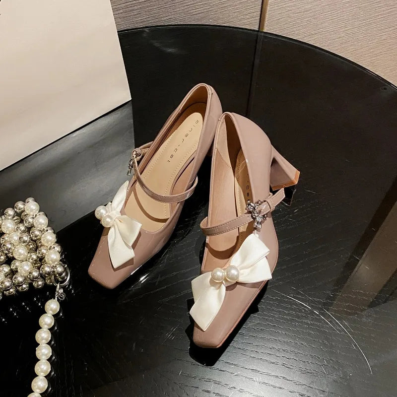 Cyflymder  Sweet Bow Square Toe Chunky Heel Women Pumps Fashion Buckle Elegant Dress Mary Jane Shoe Ladies Luxury Wedding Bridal High Heels