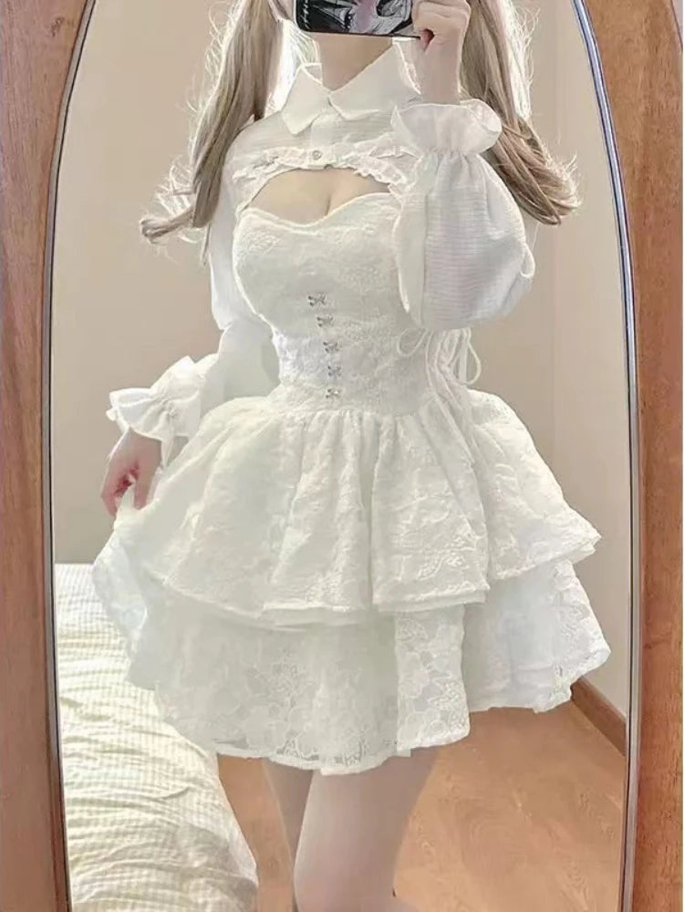 Cyflymder DRESS TO IMPRESS Japanese Kawaii Lolita Dress Women Elegant Sweet Lace Ruffles White Strap Dresses Sexy Korean Fashion Birthday Party Fairy Dress