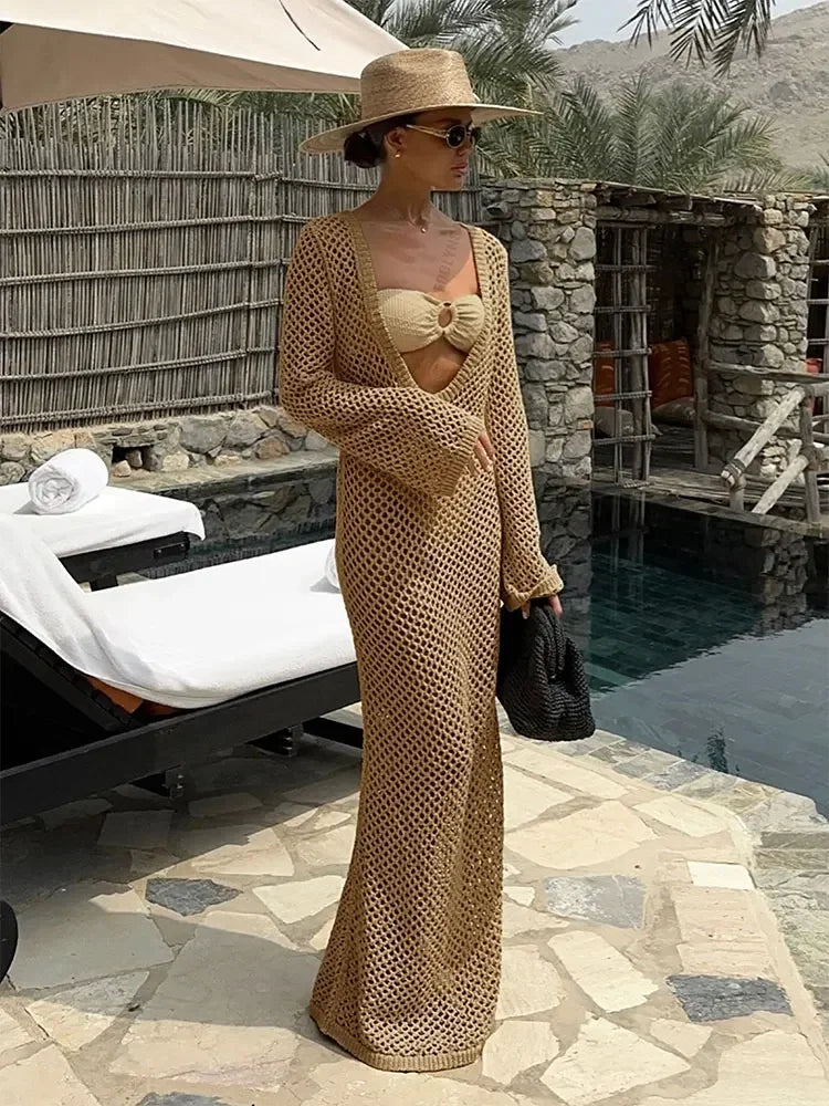 Cyflymder  Sexy U-neck Bell Sleeve Knit Maxi Dress Summer 2024 Women Swimwear Feminine Bikinis Cover-ups Holiday Crochet Beach Outfit K21