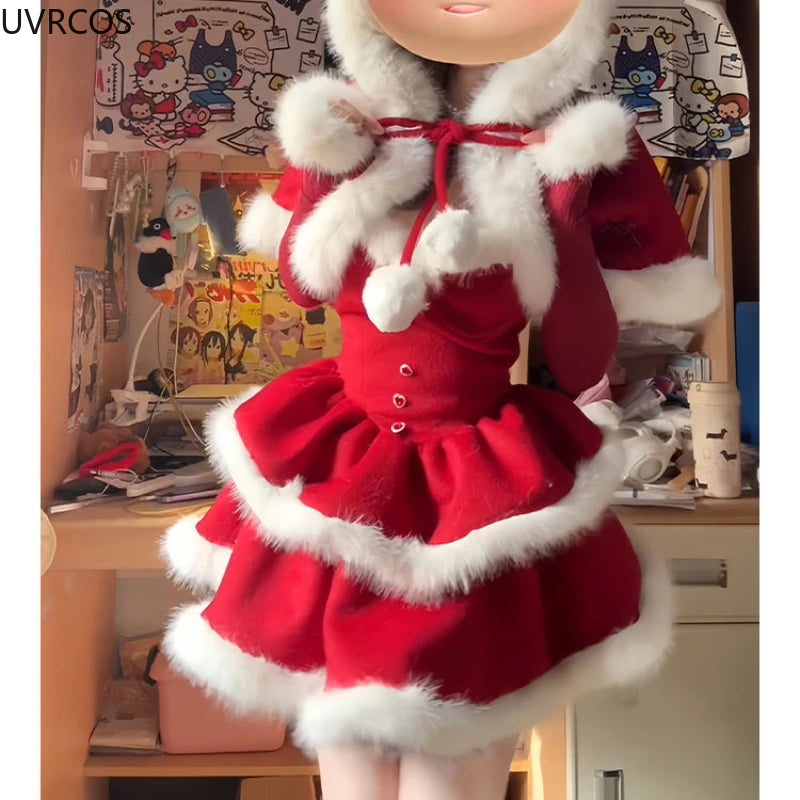 Cyflymder  Winter Christmas Lolita 2 Piece Sets Women Kawaii Plush Bow Hooded Cloak Coat Cute Slim Mini Dresses Korean Style Y2k Sweet Suit