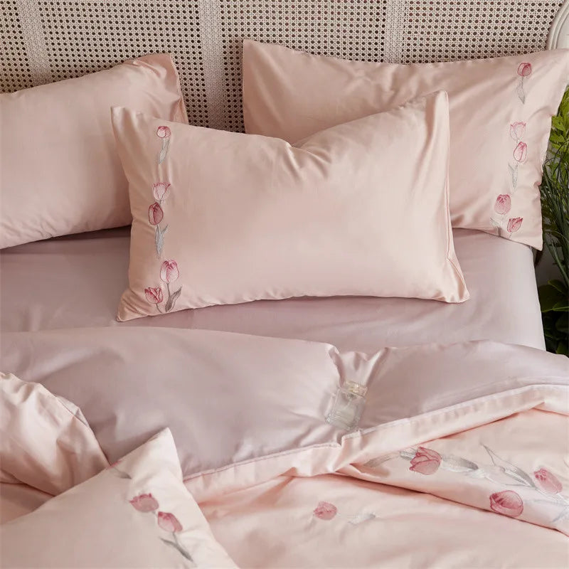 Cyflymder  Long-staple Cotton Floral Blossom Embroidery Comfortable Ultra Soft (1Duvet Cover+1Flat Bedsheet/Fitted Bedsheet+ 2Pillowcases)