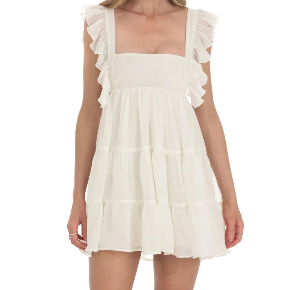 Cyflymder  Women's Ruffle Strap Party Mini Dress Back Bowknot Sleeveless Square Neck Summer Babydoll Dress Solid Color Flowy Dress