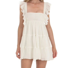 Cyflymder  Women's Ruffle Strap Party Mini Dress Back Bowknot Sleeveless Square Neck Summer Babydoll Dress Solid Color Flowy Dress